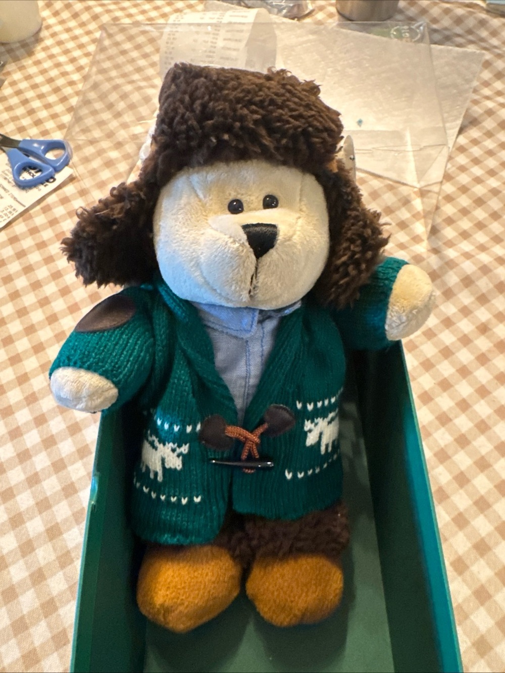 Plush Bear in Teal Nordic Sweater and Brown Hat Starbucks